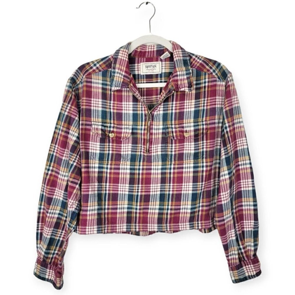 Vintage Krazy Kat Burgundy Green Yellow Plaid Quarter Zip Cropped Flannel Shirt